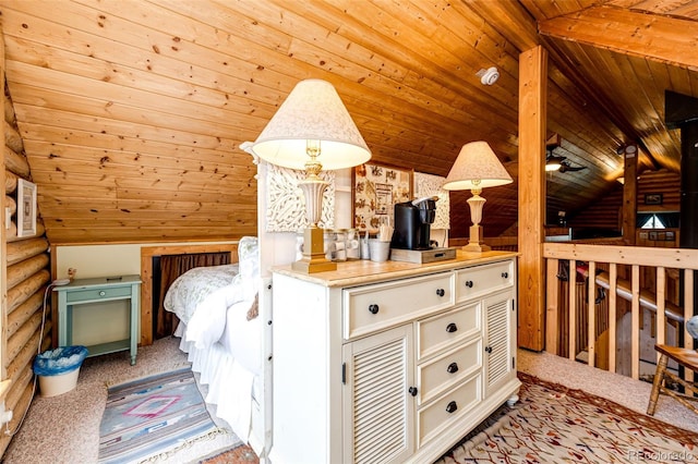 7573 Pine Crest Dr, Kiowa, CO 80117 - bedroom featuring light colored carpet, wood ceiling, and lofted ceiling