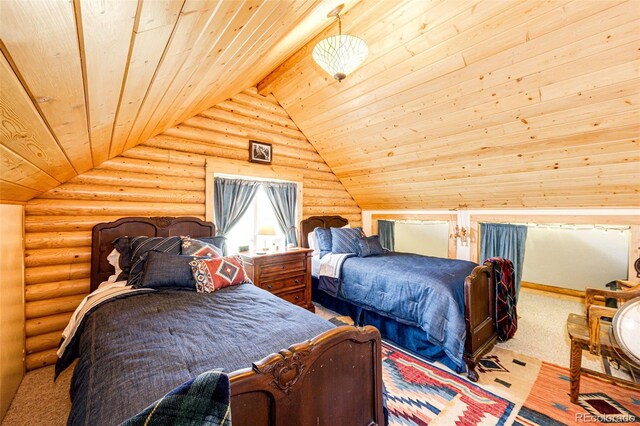 7573 Pine Crest Dr, Kiowa, CO 80117 - carpeted bedroom featuring rustic walls, wood ceiling, and vaulted ceiling