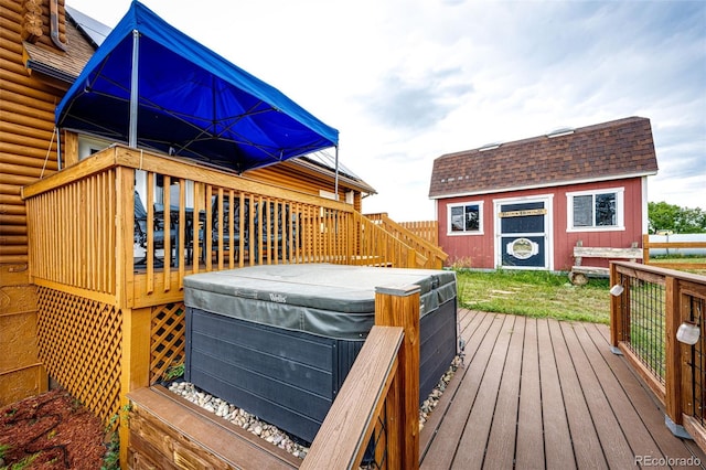 7573 Pine Crest Dr, Kiowa, CO 80117 - wooden terrace with a hot tub and an outdoor structure