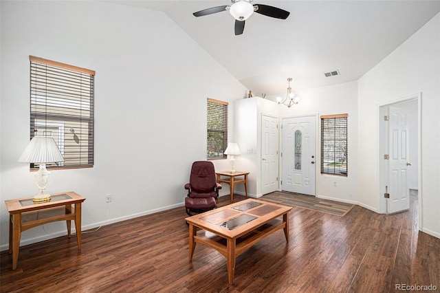 19628 E 58th Pl, Aurora, CO 80019 - living area with a chandelier, wood finished floors, high vaulted ceiling, baseboards, and a ceiling fan