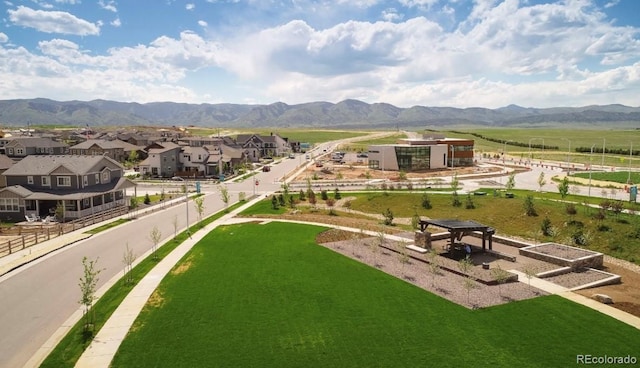 drone / aerial view with a mountain view and a residential view