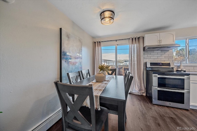 dining space with a healthy amount of sunlight, dark hardwood / wood-style flooring, and a baseboard heating unit