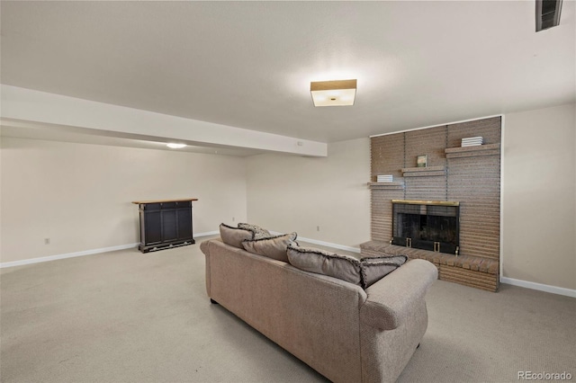 1422 N Chelton Rd, Colorado Springs, CO 80909 - living room featuring a brick fireplace, light colored carpet, and baseboards