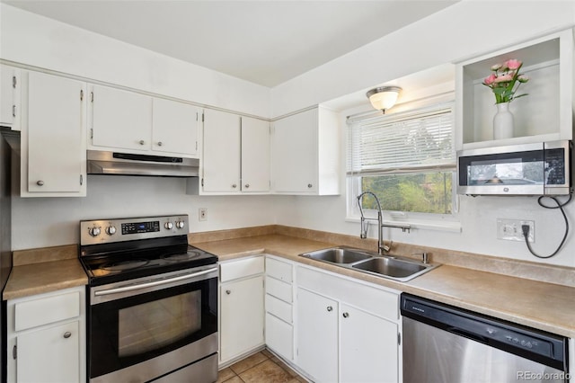 1422 N Chelton Rd, Colorado Springs, CO 80909 - kitchen with stainless steel appliances, under cabinet range hood, a sink, and white cabinets