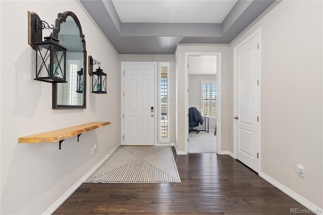 entrance foyer with a raised ceiling, wood finished floors, and baseboards