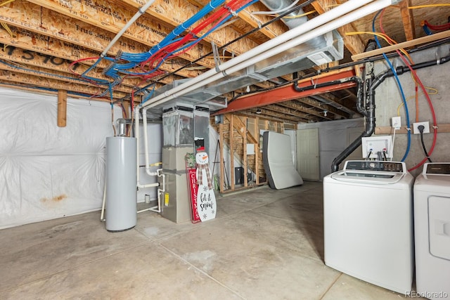 unfinished below grade area with heating unit, water heater, and independent washer and dryer