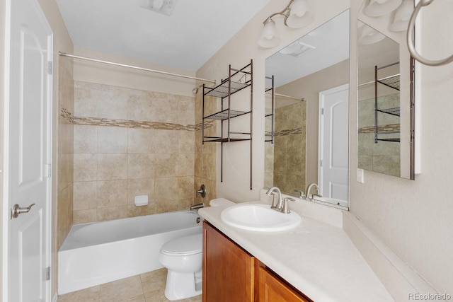 full bath featuring tub / shower combination, vanity, toilet, and tile patterned floors