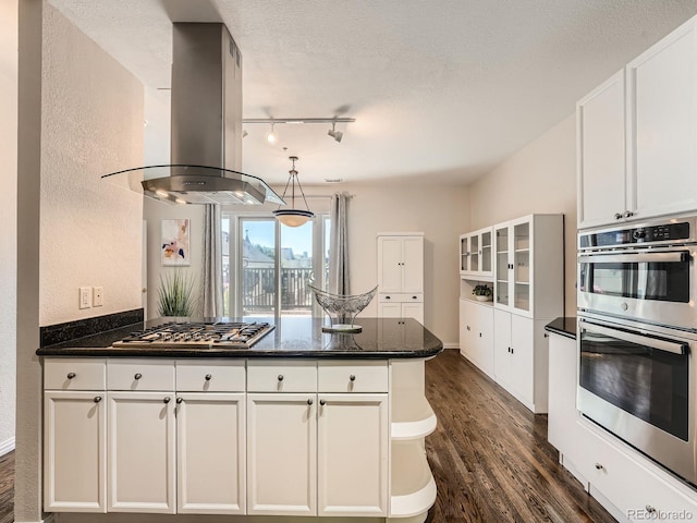 30 Garfield St Unit B, Denver, CO 80206 - kitchen with island exhaust hood, stainless steel appliances, dark wood finished floors, a peninsula, and white cabinets