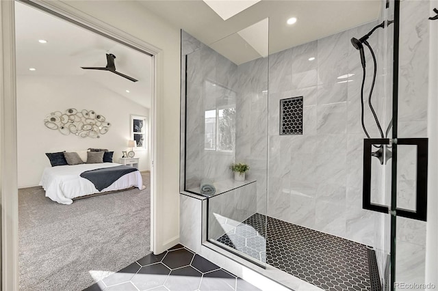 bathroom featuring an enclosed shower, vaulted ceiling, and ceiling fan