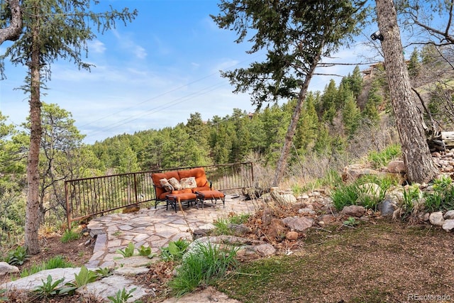 948 Manor Gate Pt, Colorado Springs, CO 80906 - view of yard featuring a patio and a wooded view