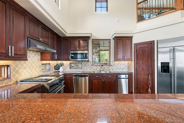 948 Manor Gate Pt, Colorado Springs, CO 80906 - kitchen with stainless steel appliances, under cabinet range hood, a sink, a high ceiling, and dark countertops