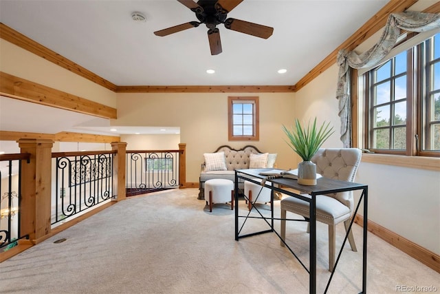 948 Manor Gate Pt, Colorado Springs, CO 80906 - living area with crown molding, baseboards, a ceiling fan, recessed lighting, and carpet floors