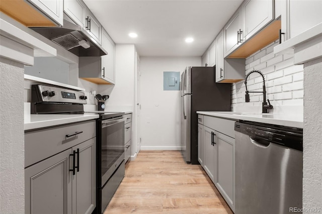 kitchen featuring gray cabinets, appliances with stainless steel finishes, decorative backsplash, electric panel, and light hardwood / wood-style flooring