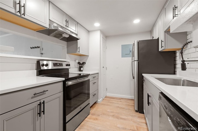 kitchen featuring stainless steel electric range, dishwasher, sink, gray cabinetry, and light hardwood / wood-style flooring