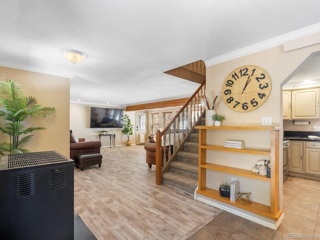28268 Shadow Mountain Dr, Conifer, CO 80433 - living room featuring crown molding, stairway, and arched walkways