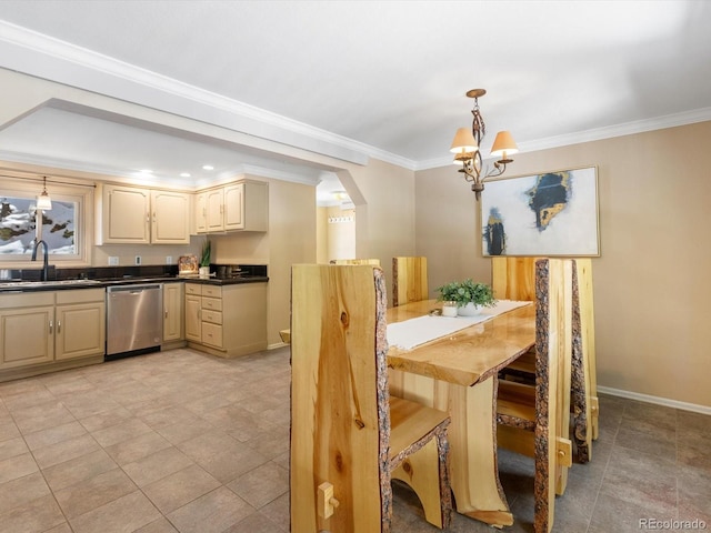 28268 Shadow Mountain Dr, Conifer, CO 80433 - dining space featuring crown molding, a chandelier, and arched walkways