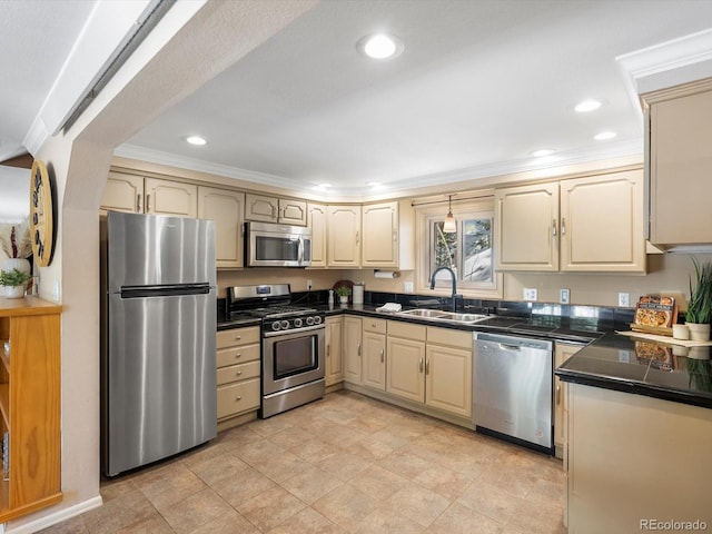 28268 Shadow Mountain Dr, Conifer, CO 80433 - kitchen with stainless steel appliances, crown molding, and recessed lighting