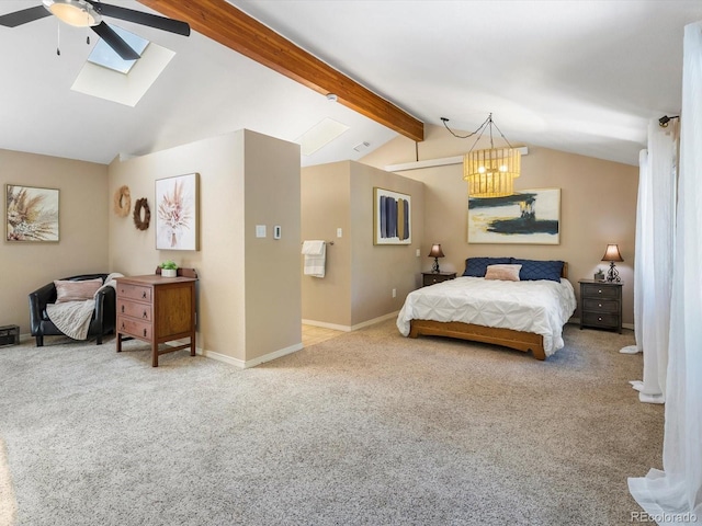 28268 Shadow Mountain Dr, Conifer, CO 80433 - carpeted bedroom featuring a skylight, a chandelier, and ceiling fan