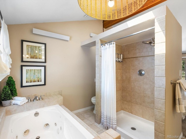 28268 Shadow Mountain Dr, Conifer, CO 80433 - full bathroom featuring a jetted tub, tiled shower, and vaulted ceiling