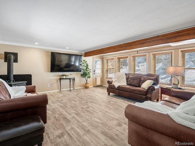 28268 Shadow Mountain Dr, Conifer, CO 80433 - living area with a wood stove, ornamental molding, healthy amount of natural light, wood finished floors, and recessed lighting