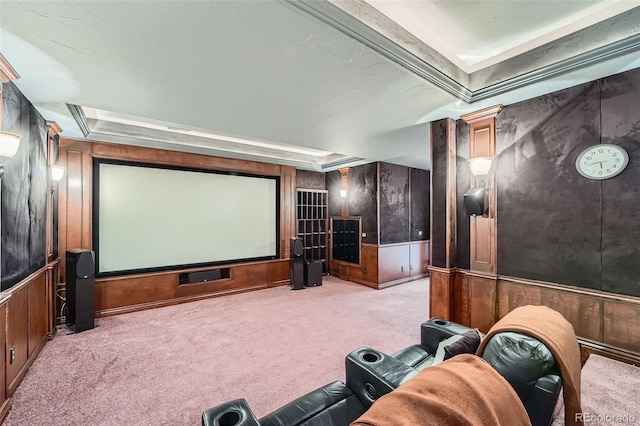 4725 Palmer Ridge Dr, Parker, CO 80134 - home theater room with a tray ceiling, carpet floors, and wooden walls