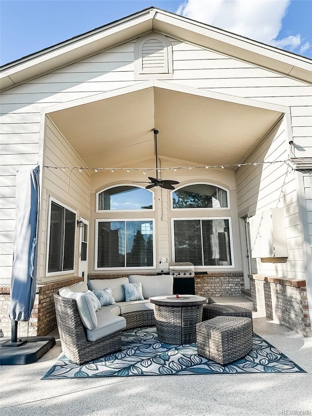 view of patio with ceiling fan, grilling area, and an outdoor hangout area