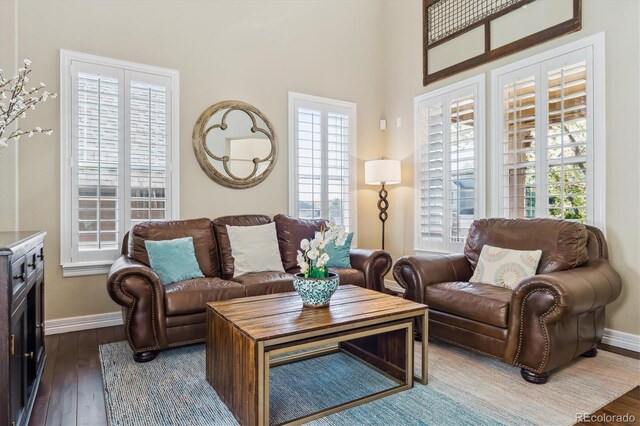 6927 Winter Ridge Pl, Castle Pines, CO 80108 - sitting room featuring baseboards, dark wood-style flooring, and a wealth of natural light