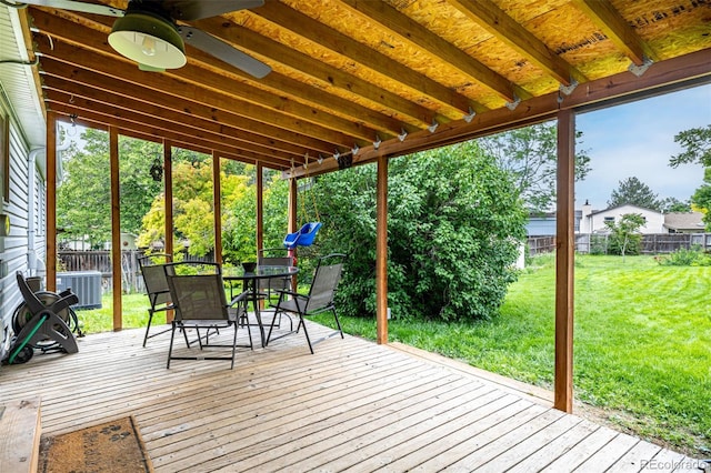11886 Birch Dr, Thornton, CO 80233 - wooden terrace featuring ceiling fan, outdoor dining area, and cooling unit