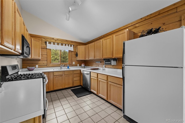 310 Wendelyn Way, Boulder, CO 80302 - kitchen with stainless steel appliances, lofted ceiling, a sink, light tile patterned floors, and light countertops