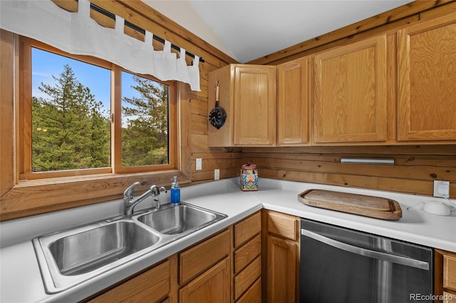 310 Wendelyn Way, Boulder, CO 80302 - kitchen with stainless steel dishwasher, a sink, vaulted ceiling, and light countertops