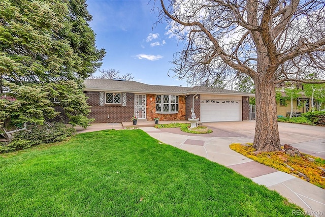 single story home featuring driveway, brick siding, a garage, a shingled roof, and a front lawn