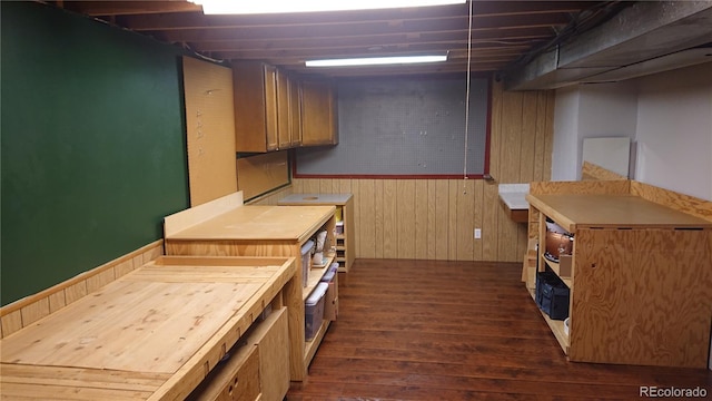 kitchen with wooden walls, dark wood-style flooring, and wainscoting