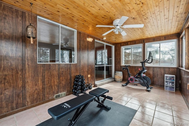 workout area with wood walls, wood ceiling, visible vents, and a ceiling fan