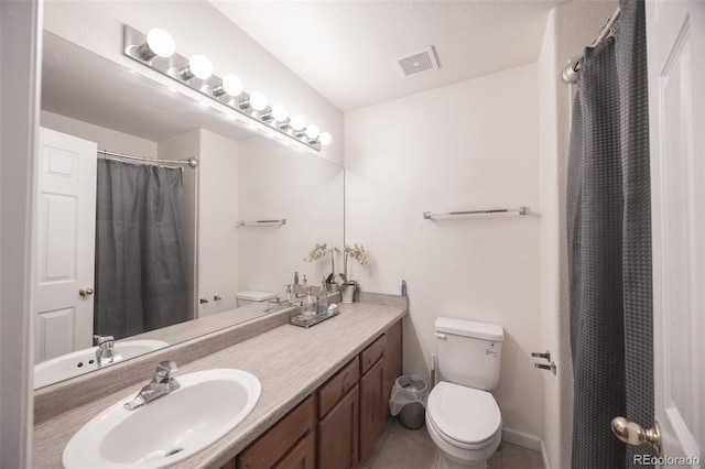 bathroom with toilet, visible vents, tile patterned flooring, a shower with shower curtain, and vanity