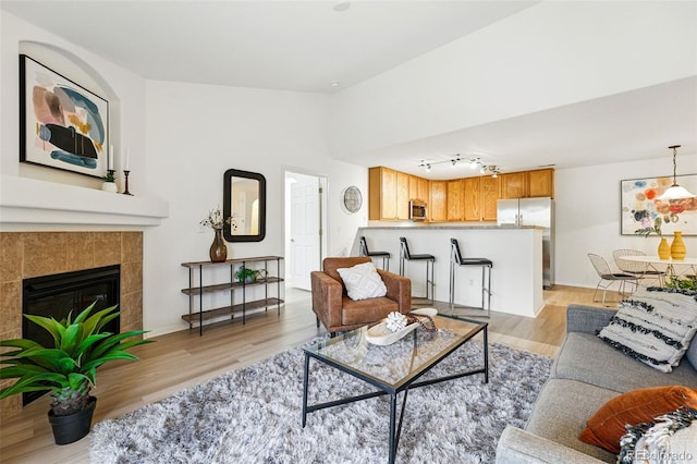 8200 E 8th Ave Unit 5-204, Denver, CO 80230 - living room with light wood-style flooring and a fireplace