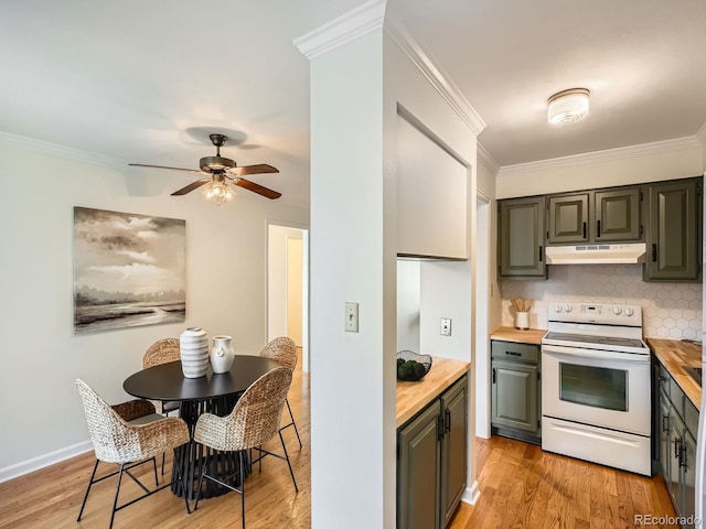 2301 E Fremont Ave Unit W03, Centennial, CO 80122 - kitchen with white range with electric stovetop, butcher block countertops, under cabinet range hood, ornamental molding, and a ceiling fan