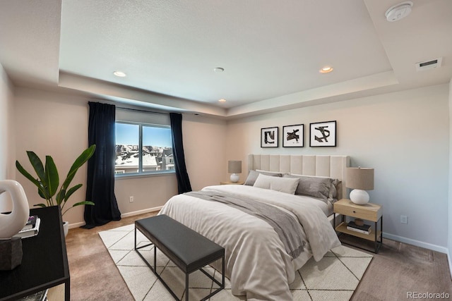 carpeted bedroom with a raised ceiling