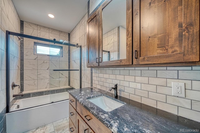 806 S St, Silver Cliff, CO 81252 - full bathroom with tasteful backsplash, vanity, shower / bath combination with glass door, marble finish floors, and recessed lighting