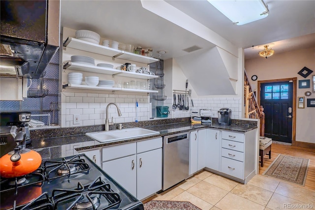 433 Fox St, Denver, CO 80204 - kitchen featuring dishwasher, a sink, open shelves, tasteful backsplash, and white cabinets