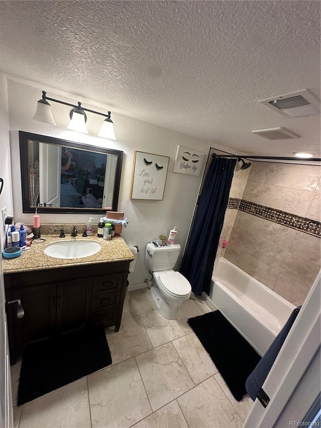7844 W Friend Dr, Littleton, CO 80128 - full bathroom with vanity, a textured ceiling, shower / bath combo, and marble finish floors
