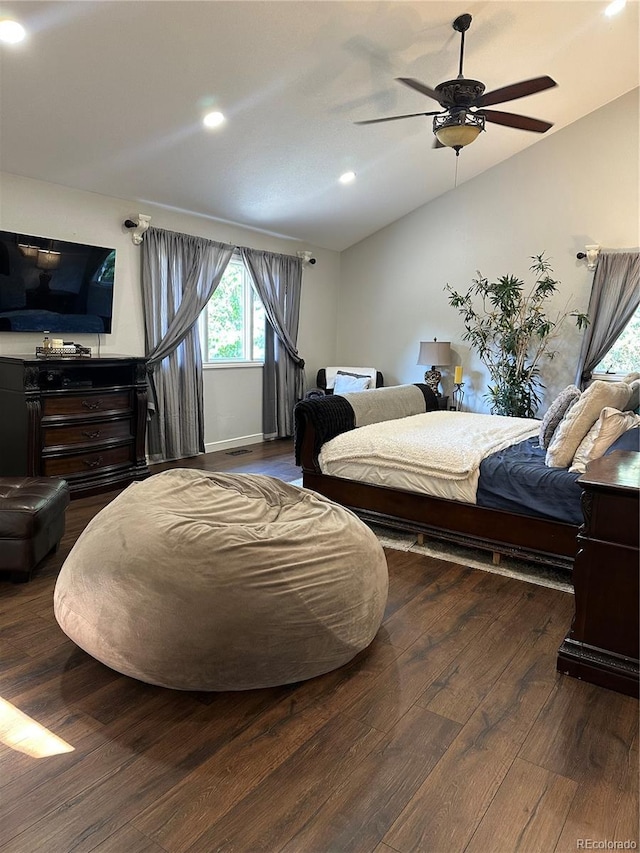 7844 W Friend Dr, Littleton, CO 80128 - bedroom with vaulted ceiling, wood finished floors, recessed lighting, and a ceiling fan