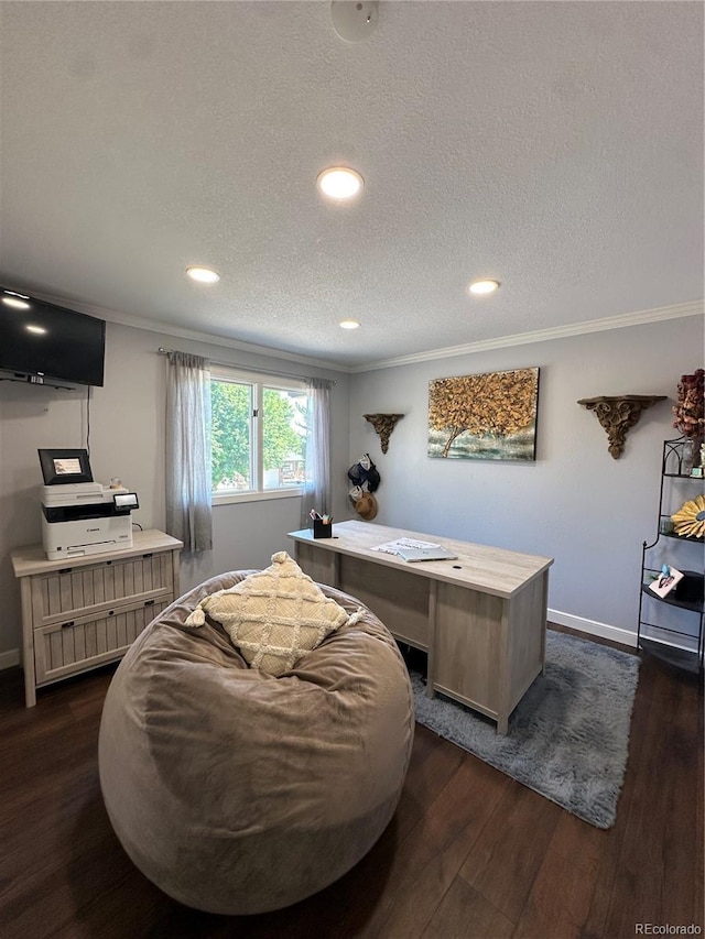 7844 W Friend Dr, Littleton, CO 80128 - bedroom with ornamental molding, dark wood finished floors, a desk, recessed lighting, and a textured ceiling