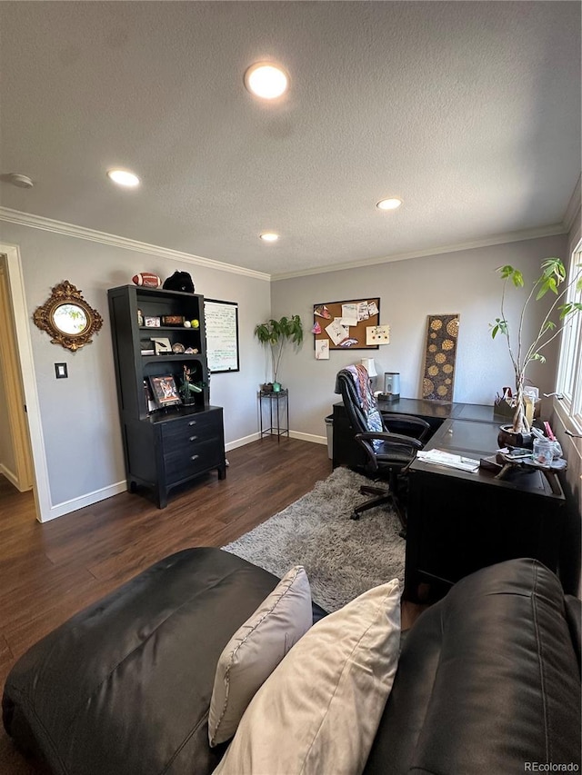 7844 W Friend Dr, Littleton, CO 80128 - office featuring dark wood-style floors, ornamental molding, recessed lighting, and a textured ceiling