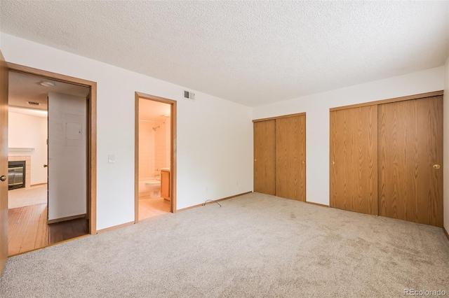 1301 S Cathay Ct Unit 104, Aurora, CO 80017 - unfurnished bedroom with carpet floors, multiple closets, a textured ceiling, a fireplace, and connected bathroom