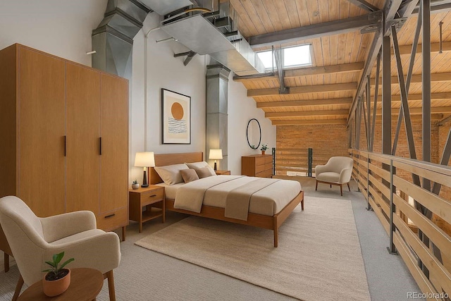 3033 Blake St Unit 121, Denver, CO 80205 - bedroom with wood ceiling, light colored carpet, and a skylight