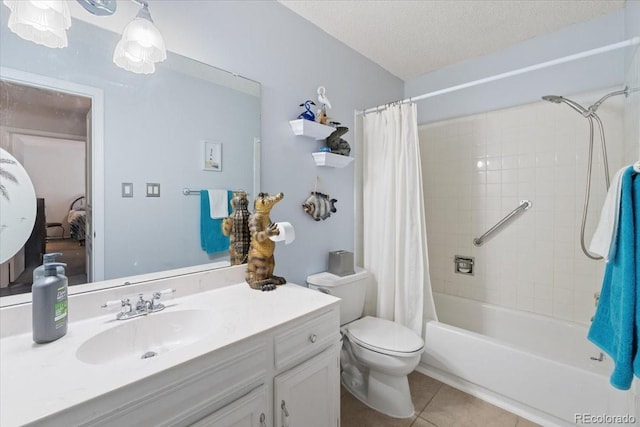 7172 S Vine Cir, Centennial, CO 80122 - ensuite bathroom with tile patterned floors, vanity, shower / bathtub combination with curtain, a textured ceiling, and toilet