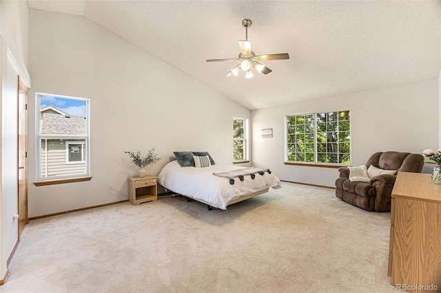 9346 Lark Sparrow Dr, Highlands Ranch, CO 80126 - bedroom featuring carpet flooring, baseboards, a textured ceiling, ceiling fan, and high vaulted ceiling