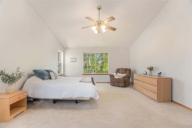 9346 Lark Sparrow Dr, Highlands Ranch, CO 80126 - bedroom with vaulted ceiling, light carpet, a textured ceiling, baseboards, and ceiling fan