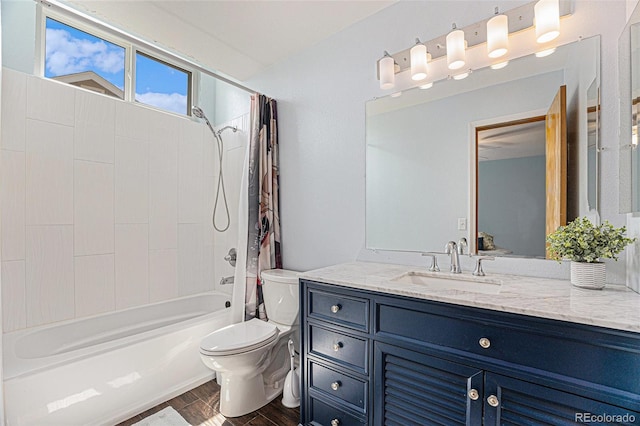 9346 Lark Sparrow Dr, Highlands Ranch, CO 80126 - bathroom with toilet, vanity, shower / bath combo with shower curtain, and wood finished floors