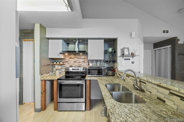 13824 E Lehigh Ave Unit B, Aurora, CO 80014 - kitchen with stainless steel electric range oven, wall chimney exhaust hood, a sink, light wood-type flooring, and backsplash